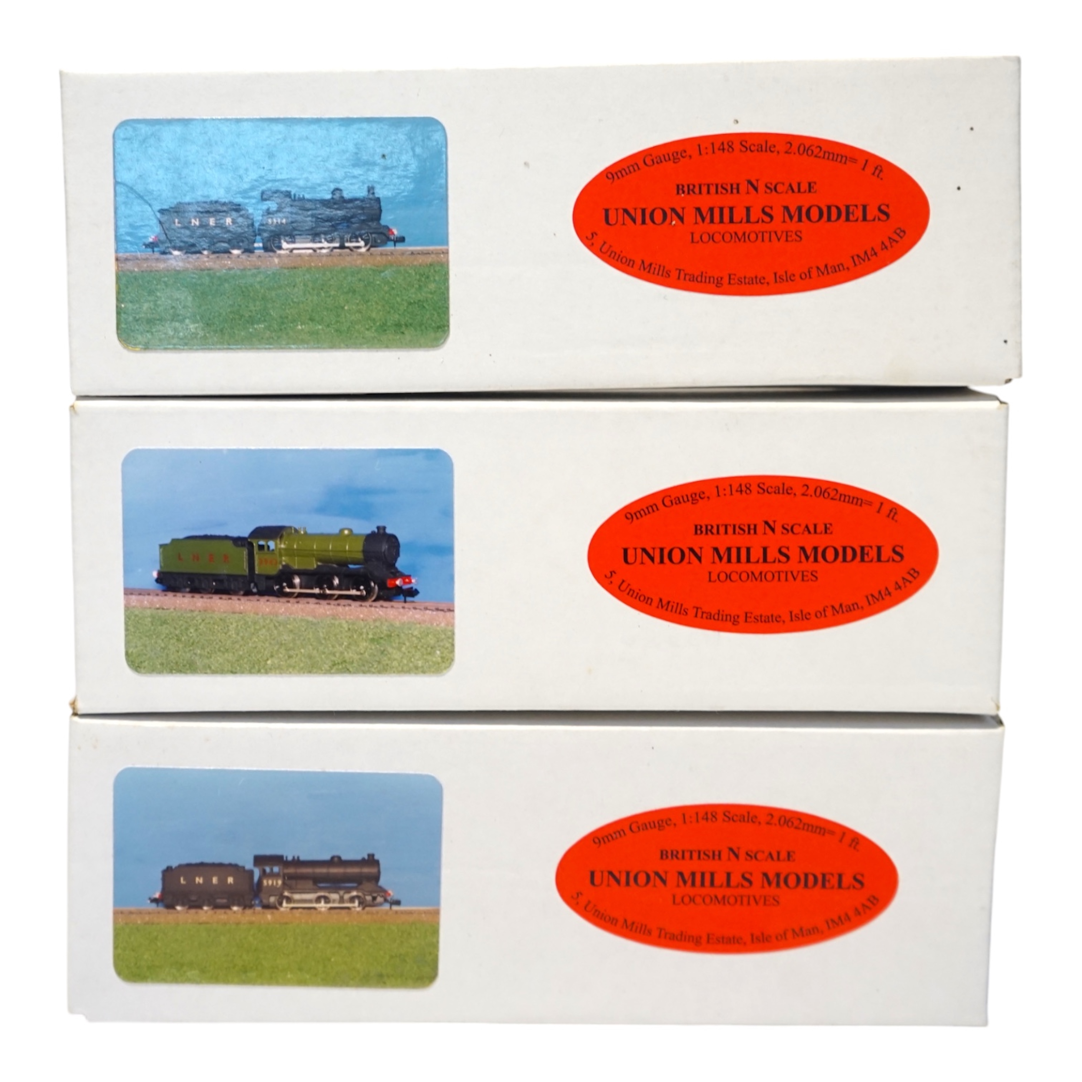 Three boxed Union Mills Models N gauge railway LNER locomotives; a Class J11, 4354, a Class J39, 2943, and a Class J38, 5919. Condition - good.